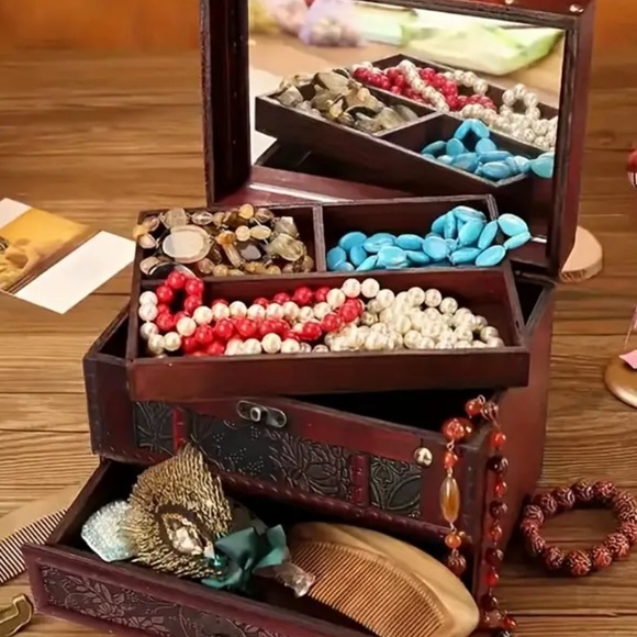 New Elegant Wooden Jewelry Box with Drawer - Brown - Picture 5 of 9